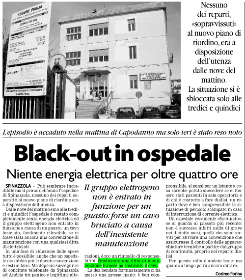 ETT Intervento Speciale presso l'Ospedale di Spinazzola